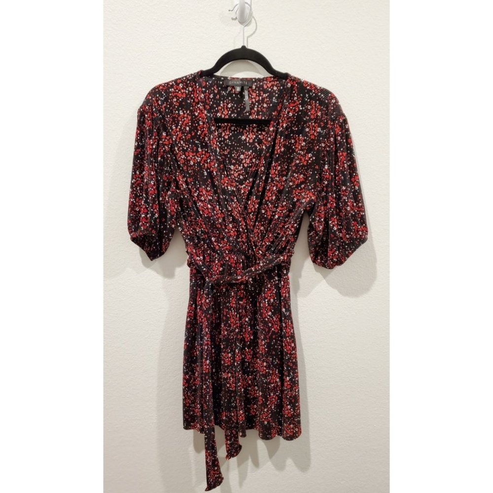DYNAMITE Red and White Dots Black Wrap Short Dress